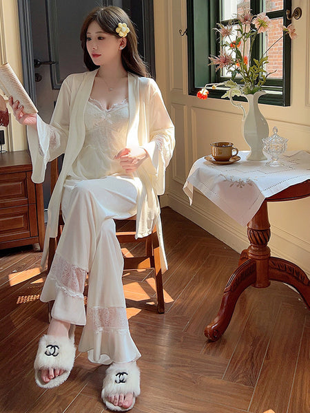 Gold Velvet Pajamas Women's Chest Pad Pure Desire Style Lace Suspenders Three-piece Set