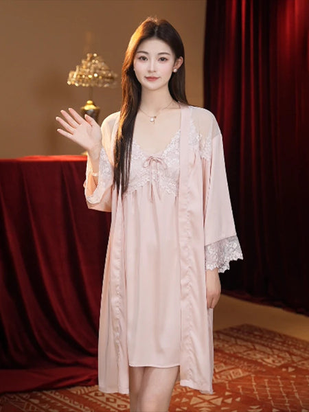 Sexy Nightdress Lace Bow Robe Hanging Two-piece Set