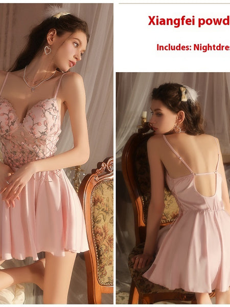 Lingerie Seductive Embroidered Lace With Chest Pad Satin Nightdress