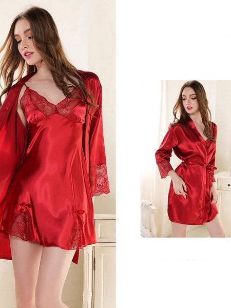Ice Silk Thin Lace Suspender Nightdress Nightgown Two-piece Suit