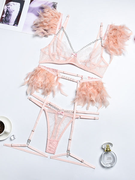 Metal Chain Lace Feather Lace Eyelash Lingerie Set
