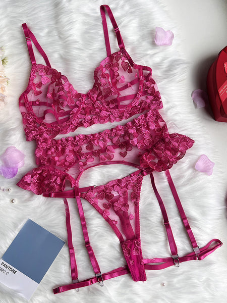 Love Embroidery Stitching Strap Sexy Lingerie Suit