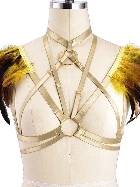 Colorful Goth Punk Harness Feather Lingerie Prom Show Bra