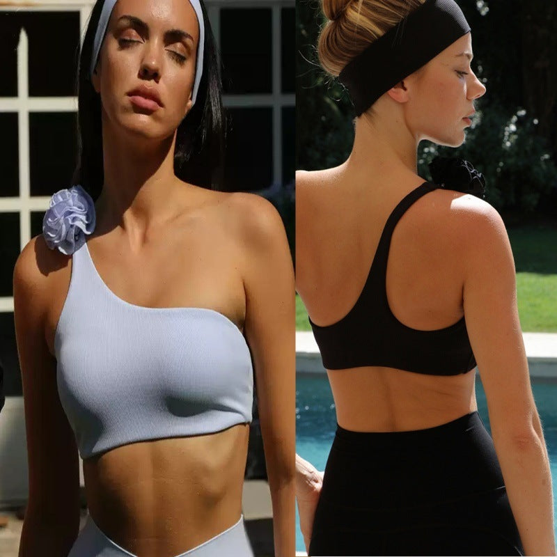 Rib Handmade Three-dimensional Flower Oblique Shoulder Sports Bra With Chest Pad Yoga Vest Women's Suit