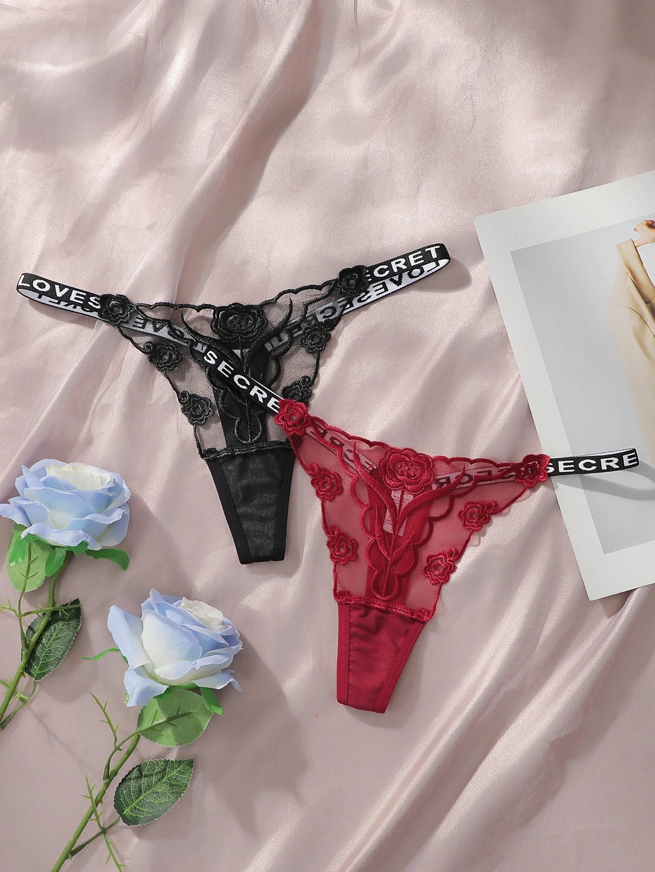 2pcs Ladies' New Lace Sexy Black And White Embroidered Flower Print Sexy Set Thong Underwear C2648