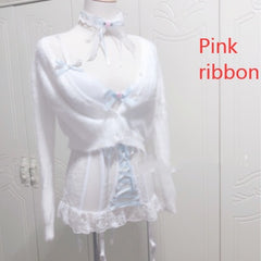 Sweet Ribbon Bandage Bowknot White Lace Corset Sexy Perspective Base Sling