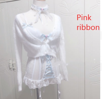 Sweet Ribbon Bandage Bowknot White Lace Corset Sexy Perspective Base Sling