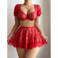 Lace See-through Printed Bra Skirt T-back Three-piece Set