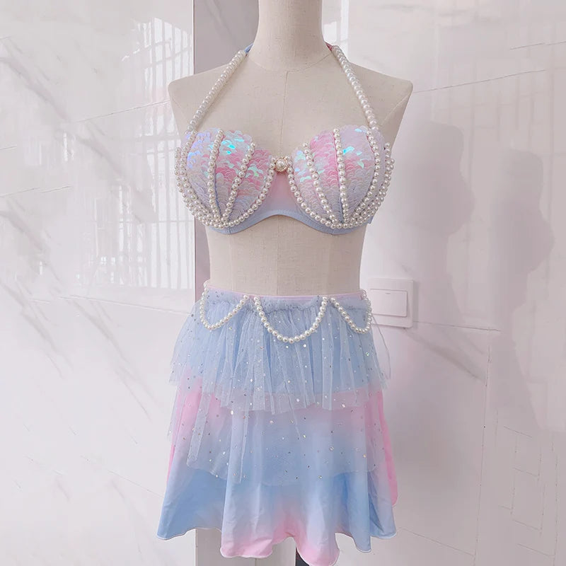 Mermaid Sequin Corset Short Skirt Pearl Corset For Free Diving Bikini Oceanarium Performance Cosplay Bra