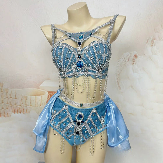 Smokey Blue Shining Chain Vacation Style Bikini Suit