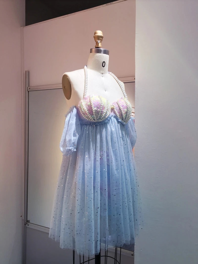 Mermaid Sequins Mesh Gradient Pearls Shells Bubble Sleeve Split Swimsuit Women Belly Covering Gauze Skirt Beauty Swimsuit