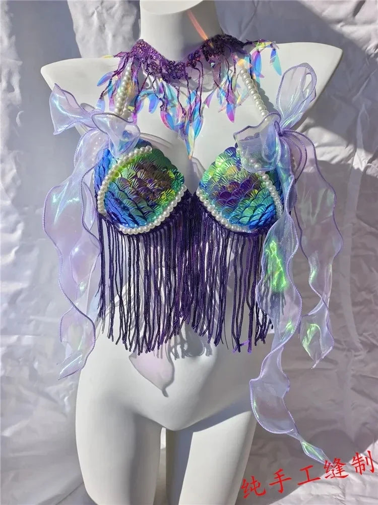 Women Bikini Top Bra Mermaid Sequin Shell Aquarium Bar Lolita Show Outfit Fishtail Leather Halloween Cosplay Costumes