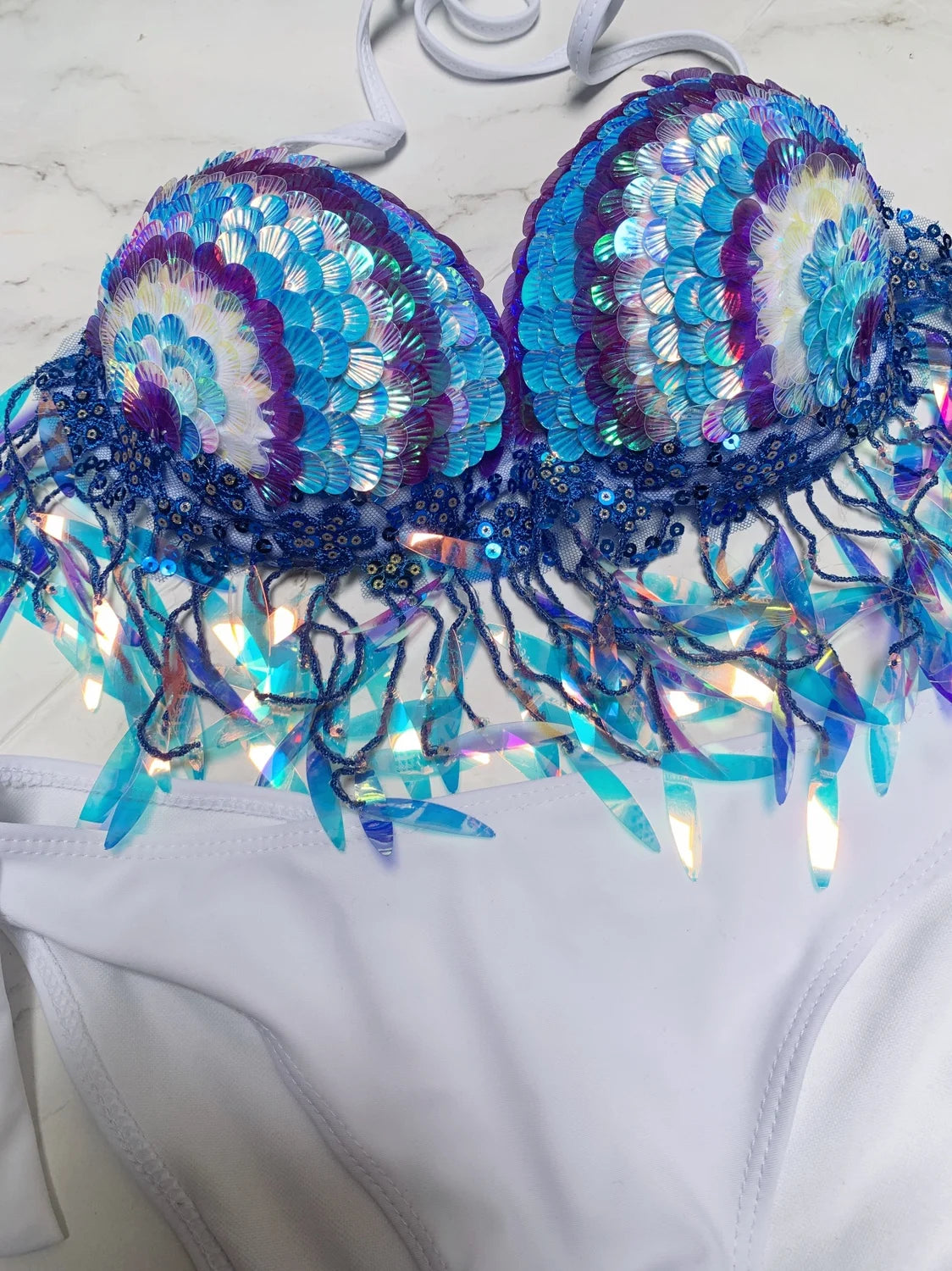 Handmade Rhinestone Tassel Pendant Aquarium Performance Bra Diving Mermaid Swimsuit Mermaid Sequin Corset