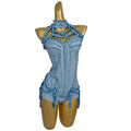 Tianlan Sexy Bar Club Performance Costume Blue Rhinestone Strapless Jumpsuit with Neck Chain Women's Cocktail Prom Party Dress