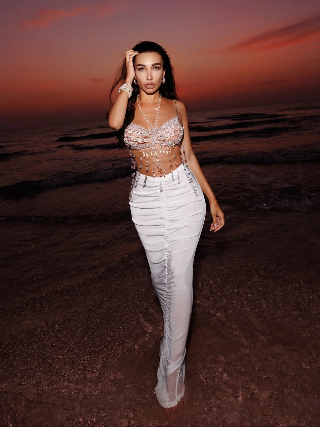 2025 Handmade Party Festival Outfit Crystal Chandelier Beaded Bra Top Body Jewelry Halter Chain Fringe Gemstone Beaded Bralette