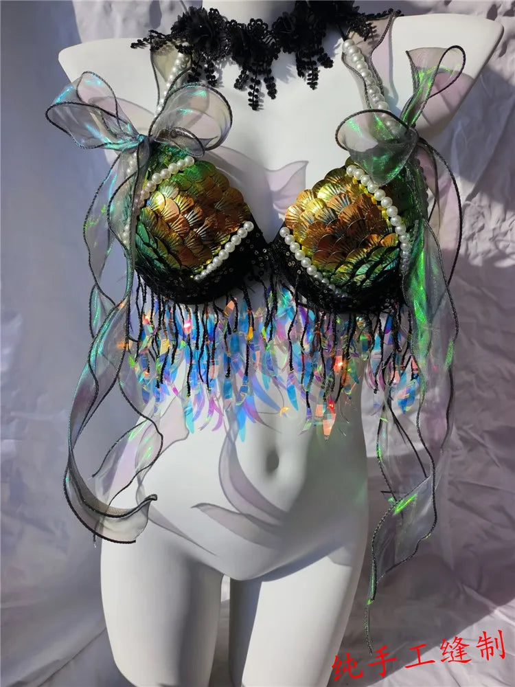 RM Handmade Mermaid Sequin Shell Bikini Top Bra Oceanarium Bar Table Performance Costume Fishtail Leather