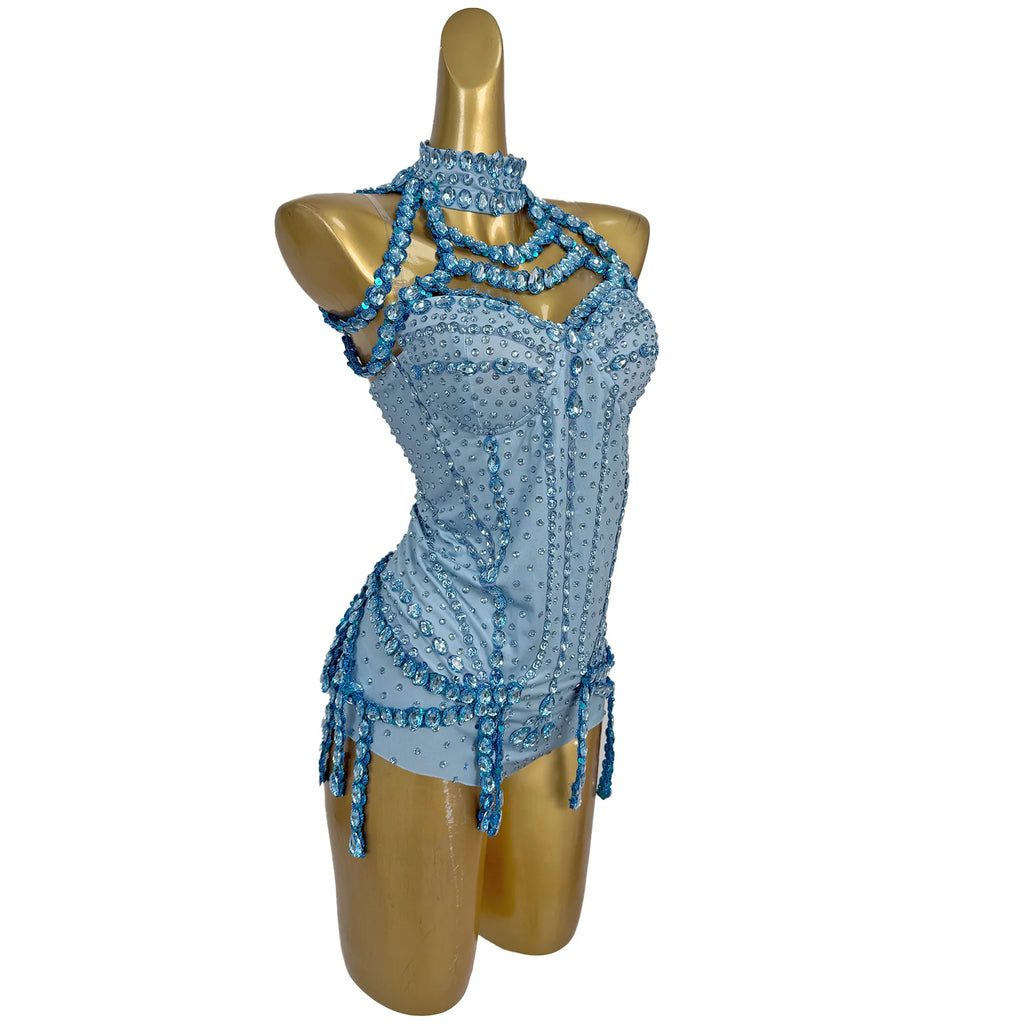 Tianlan Sexy Bar Club Performance Costume Blue Rhinestone Strapless Jumpsuit with Neck Chain Women's Cocktail Prom Party Dress