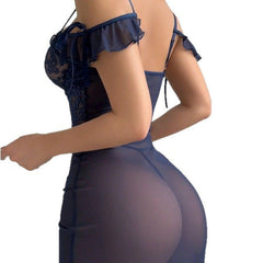 Navy Blue Sexy Lingerie Set Long Dress Split