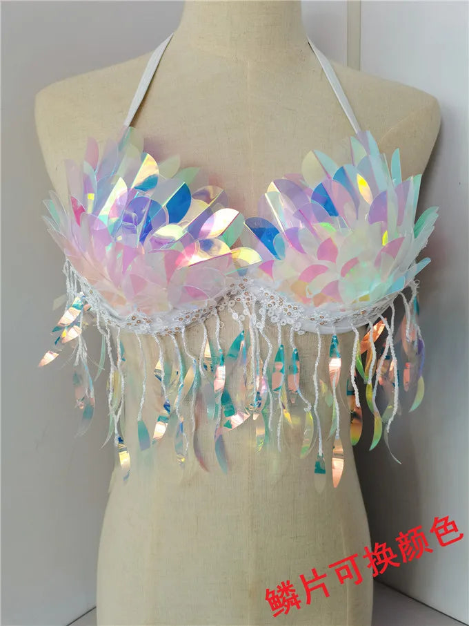 Handmade Mermaid Sequins Seashell Bikini Top Bra Oceanarium Bar Table Performance Costume Fishtail Leather