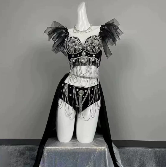 Smokey Blue Shining Chain Vacation Style Bikini Suit