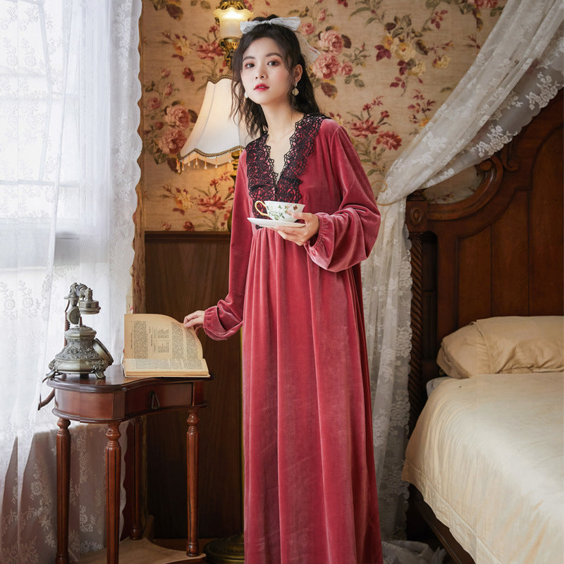 Court Style Long Dress Warm Gold Velvet Pajamas