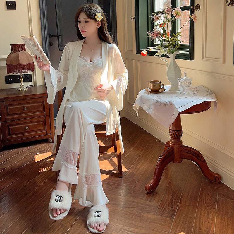 Gold Velvet Pajamas Women's Chest Pad Pure Desire Style Lace Suspenders Three-piece Set