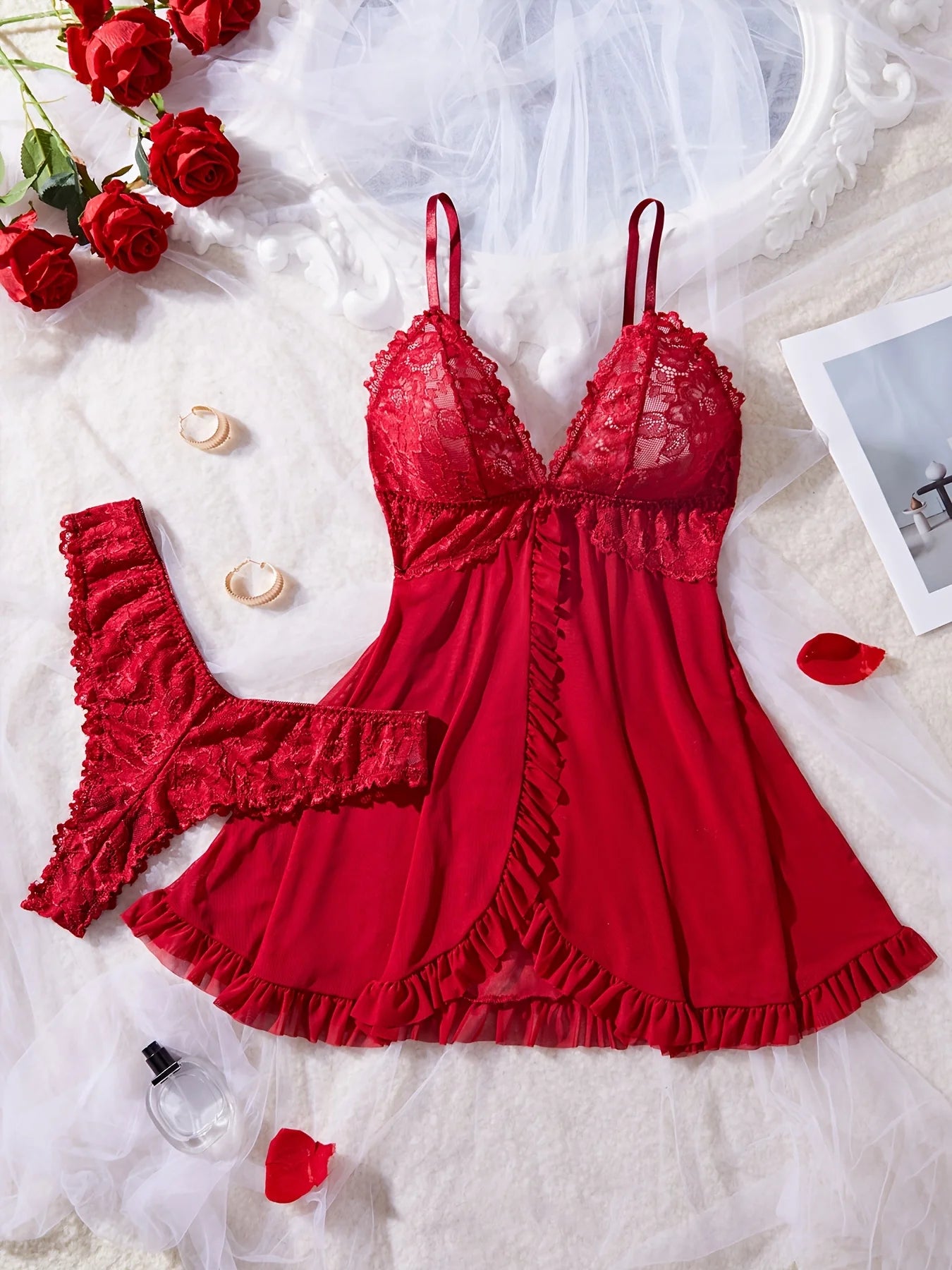 Sexy Lace Lingerie Set for Women, Red Hot Sleepwear Nightdress with Matching Panties, V-Neck Sheer Lace Camisole, Romantic Night