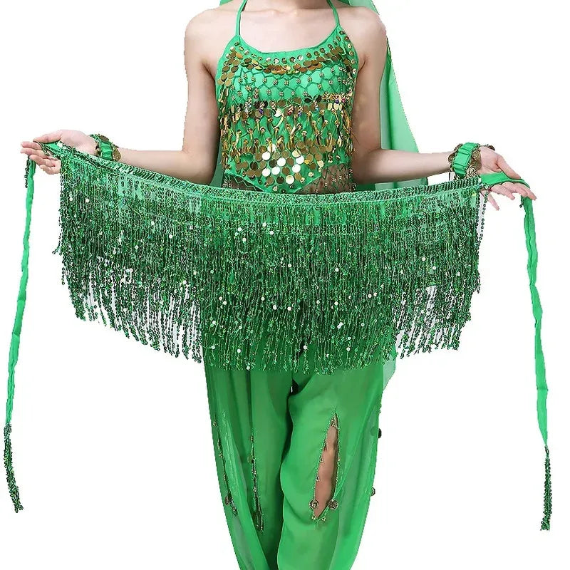Belly Dance Costume Sequins Tassel Hip Towel Beads Waist Chain Sequins Tassel Dance Dress Prom Performance Waist Towel