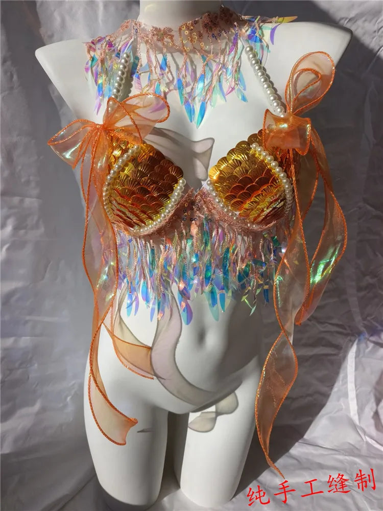 RM Handmade Mermaid Sequin Shell Bikini Top Bra Oceanarium Bar Table Performance Costume Fishtail Leather