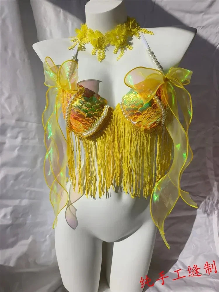 Women Bikini Top Bra Mermaid Sequin Shell Aquarium Bar Lolita Show Outfit Fishtail Leather Halloween Cosplay Costumes