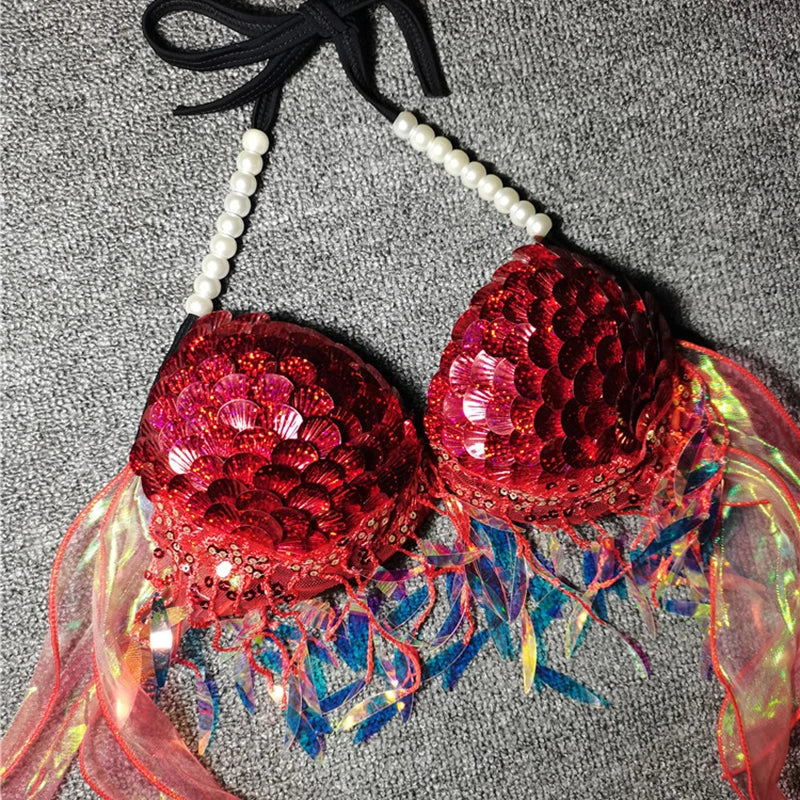 Mermaid Sequins Seashell Bikini Top Bra Oceanarium Bar Table Performance Clothes Electric Festival Fishtail Leather