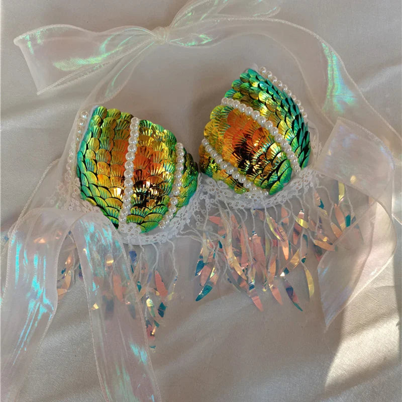 Mermaid Sequins Seashell Bikini Top Bra Oceanarium Bar Table Performance Clothes Electric Festival Fishtail Leather