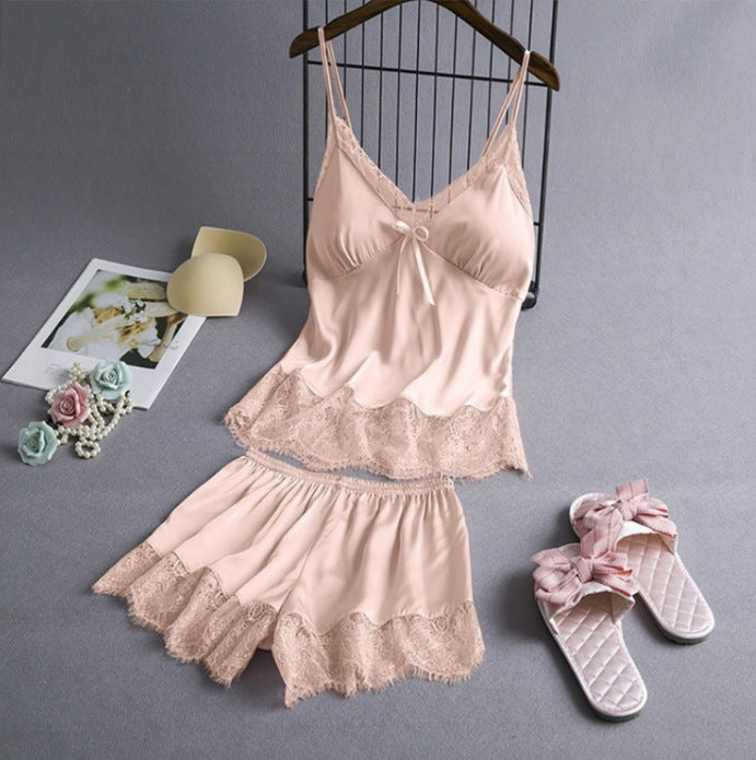 New Elastic Satin Lace Suit Nightdress With Suspenders Korean Style Suspenders