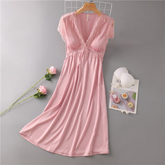 Nightdress Female Ice Silk Sexy Dress Mid-length Lace