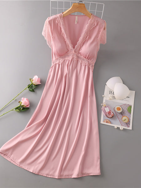 Nightdress Female Ice Silk Sexy Dress Mid-length Lace