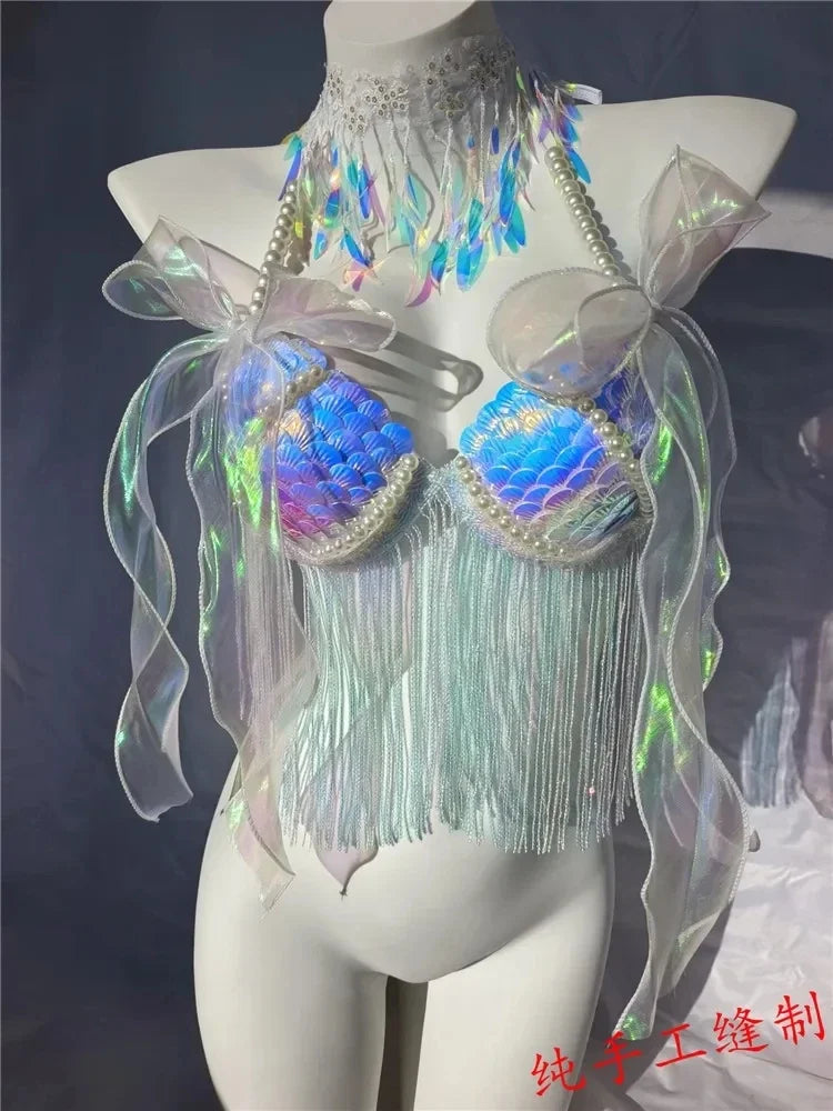 Women Bikini Top Bra Mermaid Sequin Shell Aquarium Bar Lolita Show Outfit Fishtail Leather Halloween Cosplay Costumes