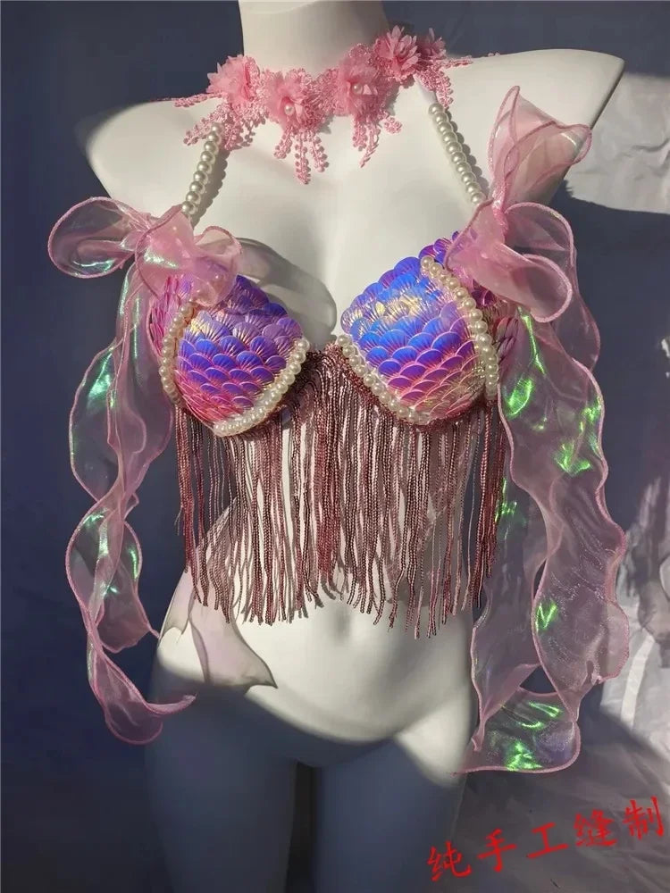 Women Bikini Top Bra Mermaid Sequin Shell Aquarium Bar Lolita Show Outfit Fishtail Leather Halloween Cosplay Costumes