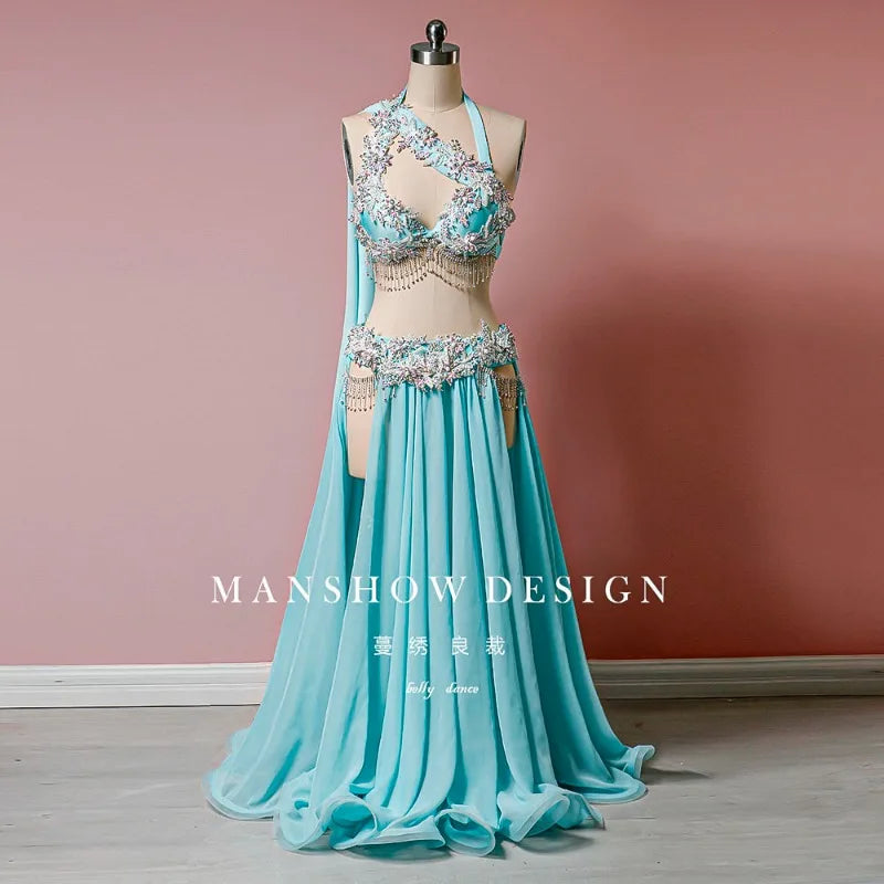 Customized Bellydance Suit Performance Costume Women' Clothing Sexy Lace Tassel Dress Belly Dancing Bra Team Competition Uniform