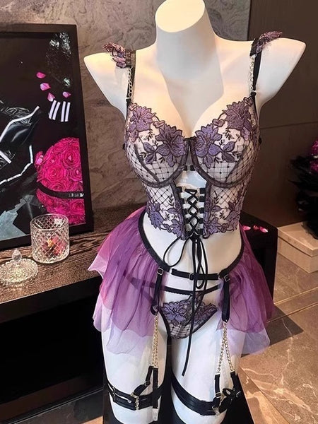 Purple Rose Sexy Lingerie Sexy Lace Embroidery Three-piece Set
