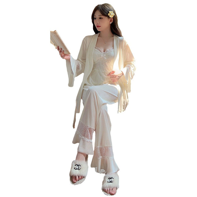 Gold Velvet Pajamas Women's Chest Pad Pure Desire Style Lace Suspenders Three-piece Set