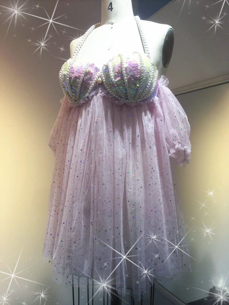 Mermaid Sequins Mesh Gradient Pearls Shells Bubble Sleeve Split Swimsuit Women Belly Covering Gauze Skirt Beauty Swimsuit