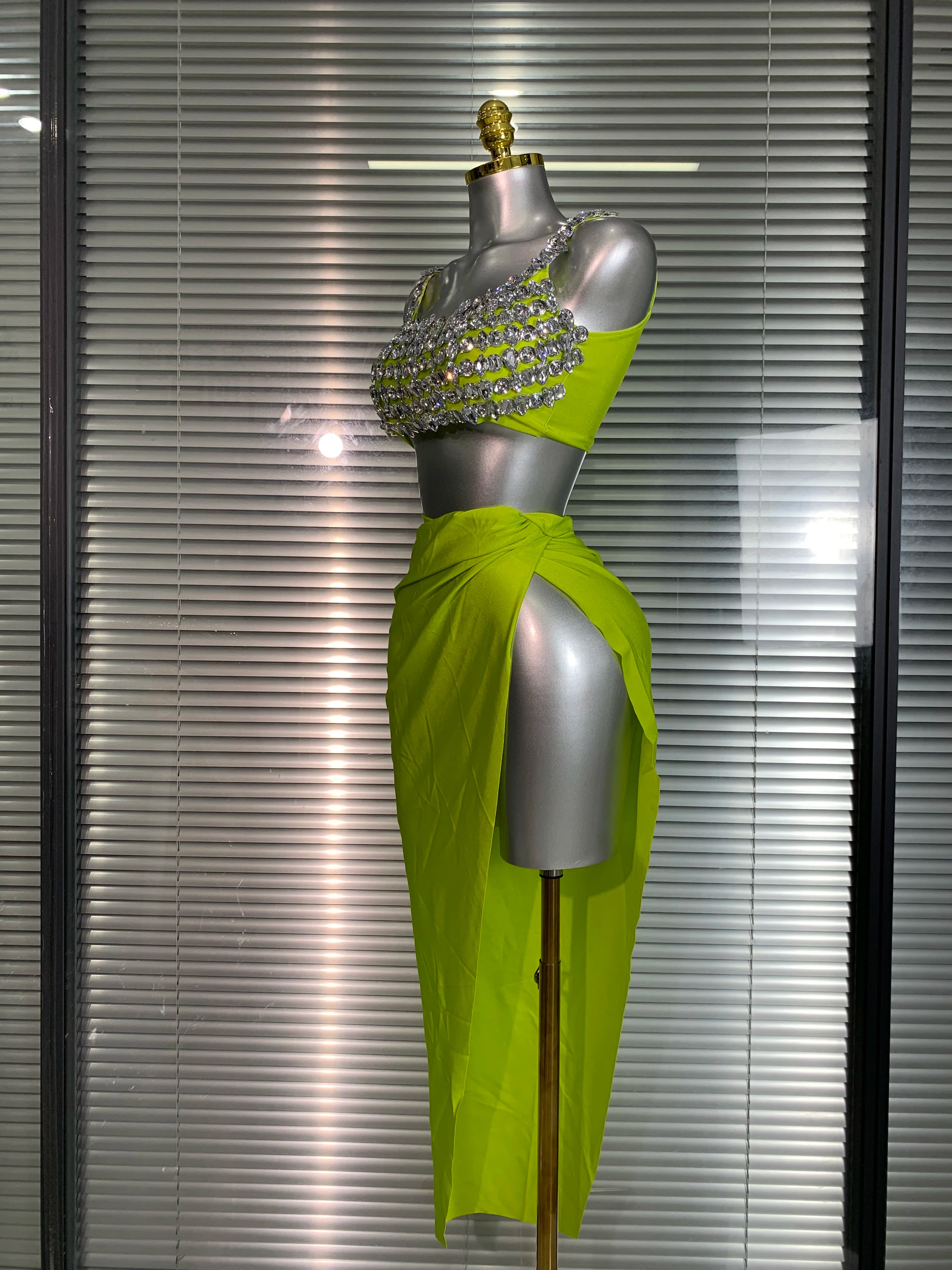 New Women Sexy Two Pieces Set Stretched Crystal Diamonds Night Club Skirt Suits Laced Singer Dancer Stage Performance Costume