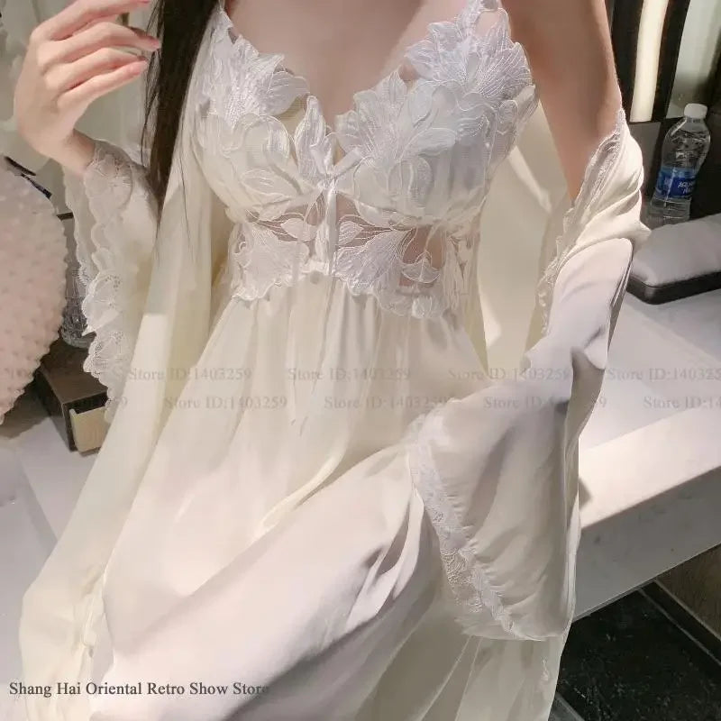 Sexy Black Lace Long Robe Nightgown Female Sleepwear 2Pcs Set Elegant Silky Satin Nightwear Nightdress Loose Homewear Lingerie