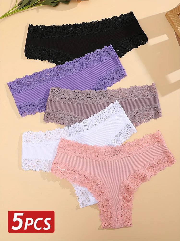 3/5PCS Lace Seamless Cotton Panties Ribbed Brazilian Pants Low Waist Women Panties Breathable Girls Underwear Plus Size Lingerie