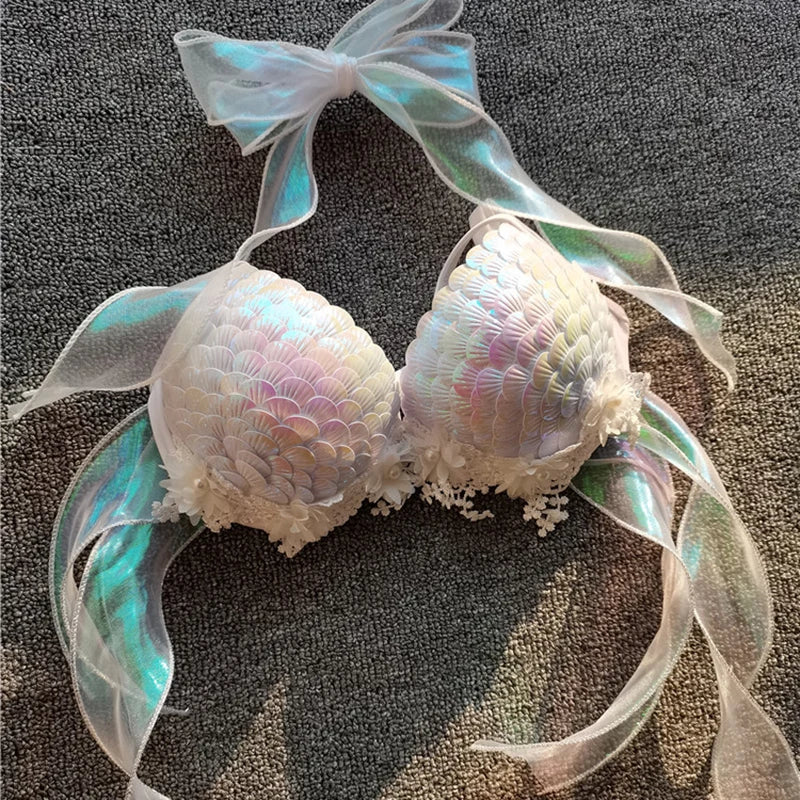 Mermaid Sequins Seashell Bikini Top Bra Oceanarium Bar Table Performance Clothes Electric Festival Fishtail Leather