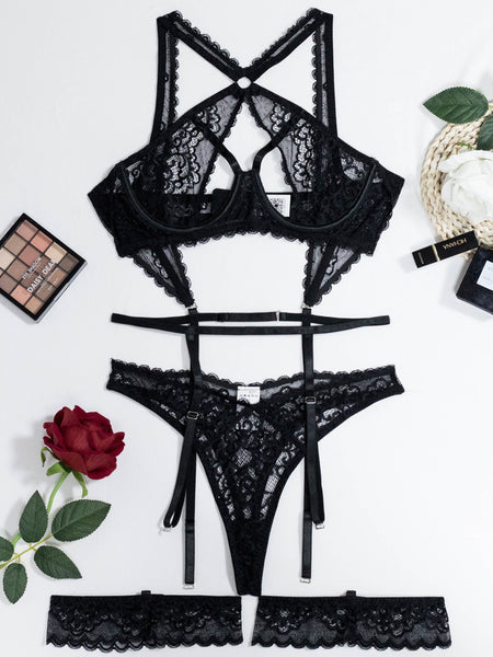 Women's Lace Halter Black Cut-out Sexy Lingerie