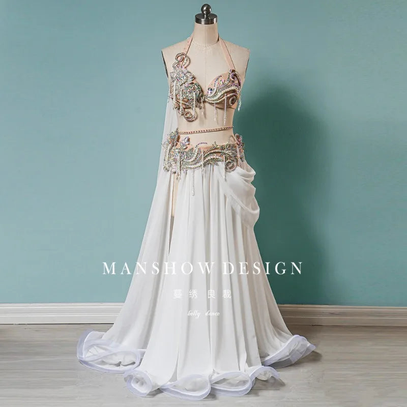 Customized Belly Dance Suit Performance Costume Women's Clothing Set Tassel Belly Dancing Bra Belt Big Swing Skirt 3pcs White