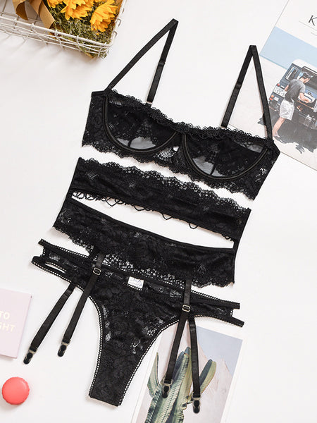 Yimunancy 3-piece Lingerie Set Women Transparent Sexy Bra Set Ladies Lace Lingerie Intimates Underwear Set