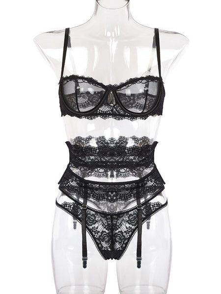 Yimunancy 3-piece Lingerie Set Women Transparent Sexy Bra Set Ladies Lace Lingerie Intimates Underwear Set