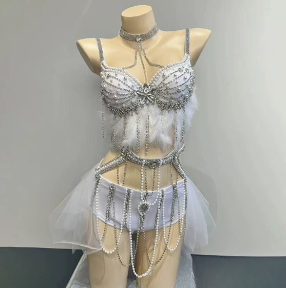 Smokey Blue Shining Chain Vacation Style Bikini Suit